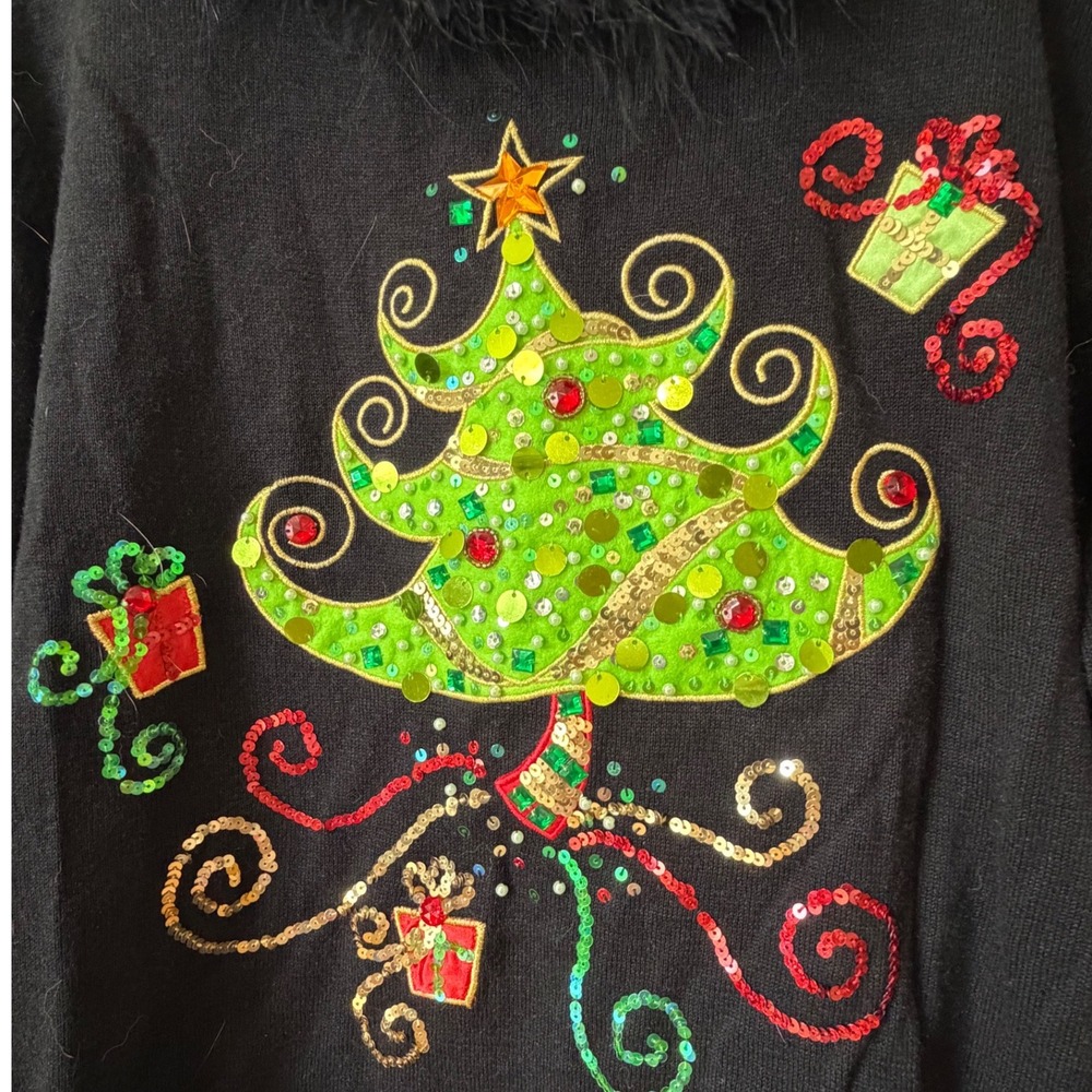 VTG Jack B Quick Black Sequin Christmas Tree Sweater Faux Fur Trim Medium Y2K - Picture 4 of 8